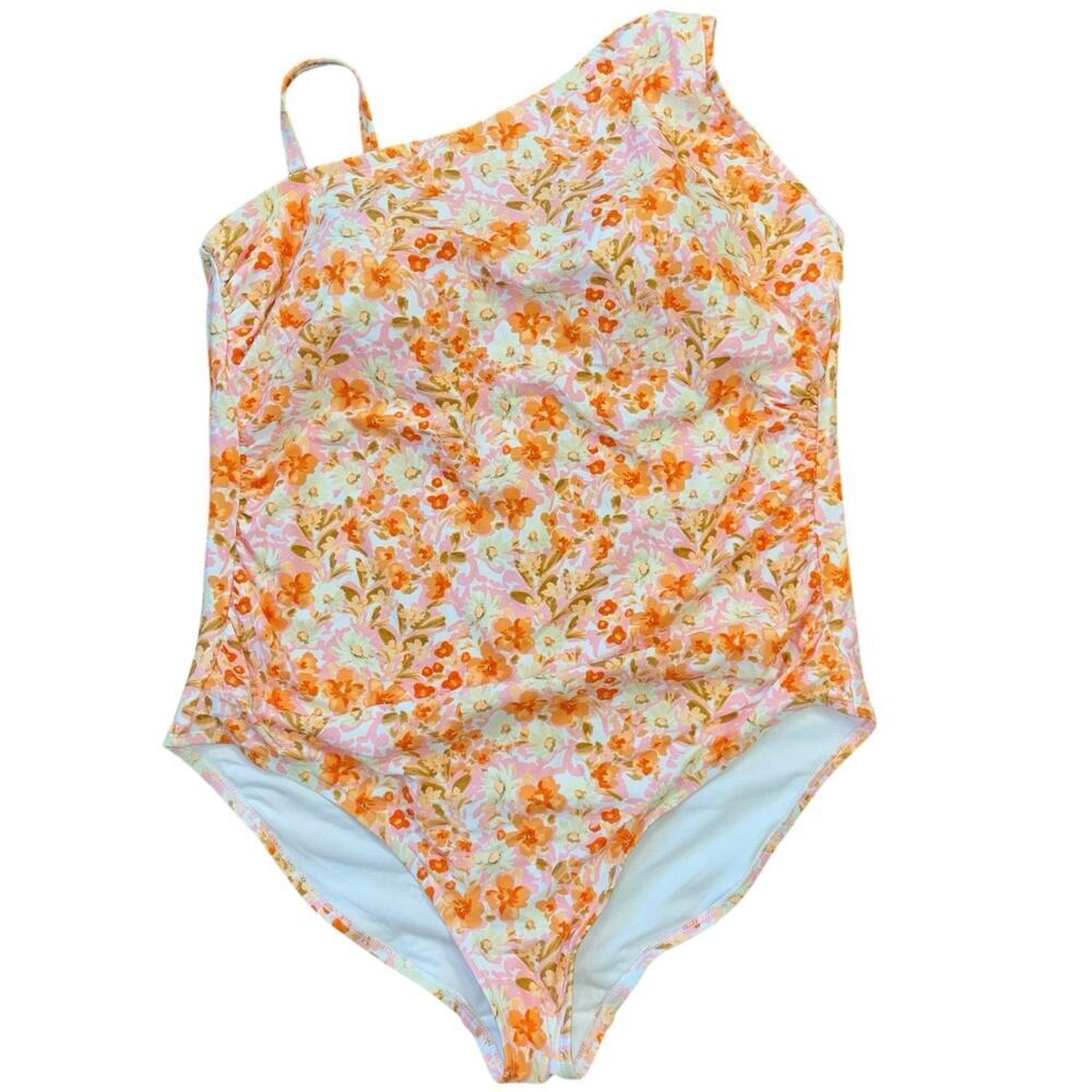 Kona Sol One Shoulder Floral Orange One Piece Swimsuit Women’s 22 Beach Vacation